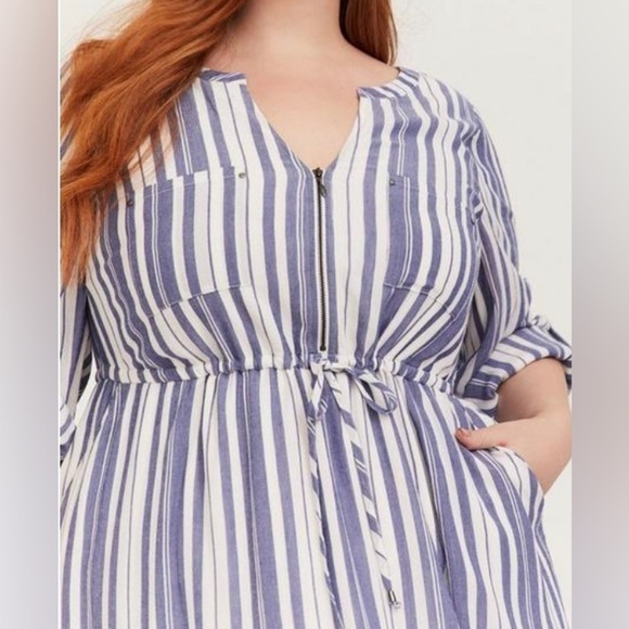 TORRID Sz 3 Blue & White Stripe Zip Front Drawstring Shirt Dress New with Tags - Picture 3 of 15